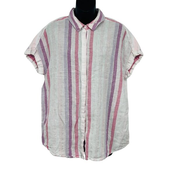 Beach Lunch Lounge Pink Purple Stripe Linen Cotton Short Sleeve Shirt Medium M - Picture 1 of 8